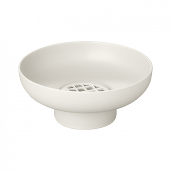 Elegante weiße Keramikschüssel mit einem Abflussgitter, perfekt für den modernen Kücheneinsatz.