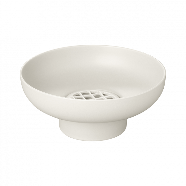 Elegante weiße Keramikschüssel mit einem Abflussgitter, perfekt für den modernen Kücheneinsatz.