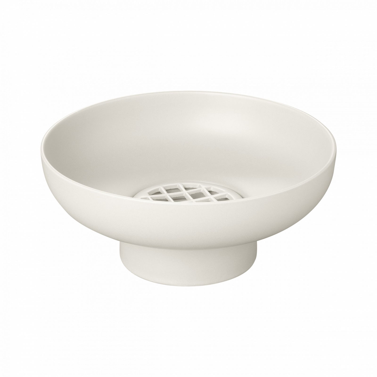 Elegante weiße Keramikschüssel mit einem Abflussgitter, perfekt für den modernen Kücheneinsatz.