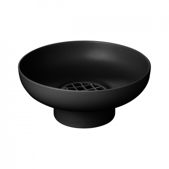 Stilvolle schwarze Keramikschüssel mit einem einzigartigen Gitterablaufdesign auf dunklem Hintergrund.