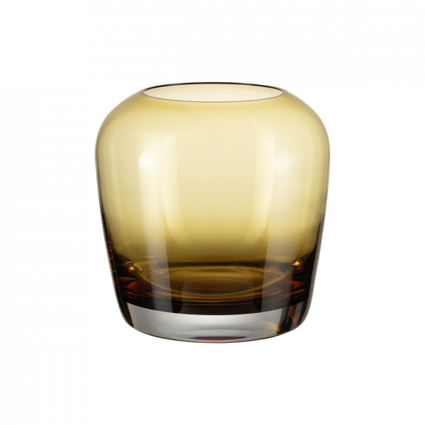 Elegant amber glass vase with a smooth, rounded shape and clear base, perfect for decor.