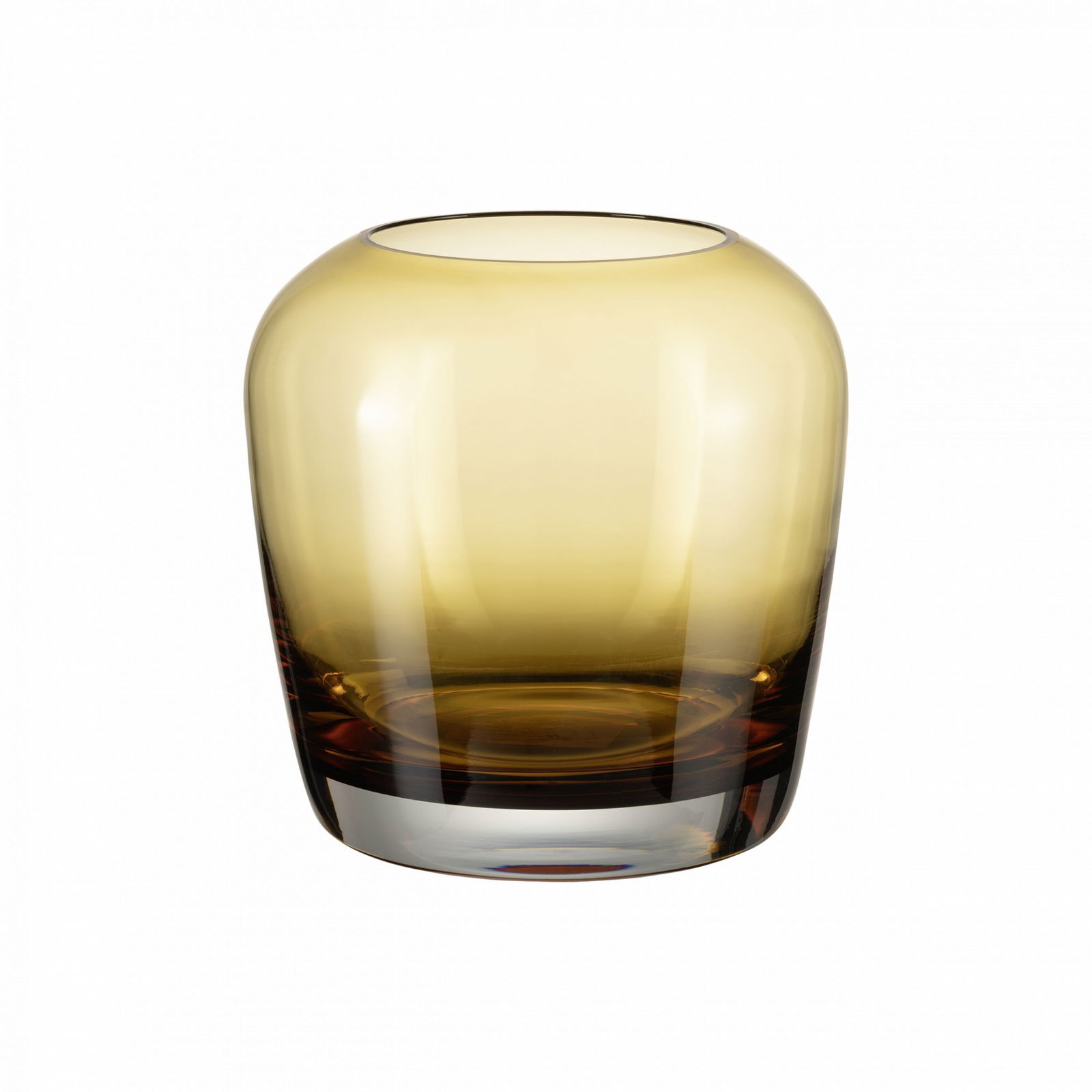 Elegant amber glass vase with a smooth, rounded shape and clear base, perfect for decor.