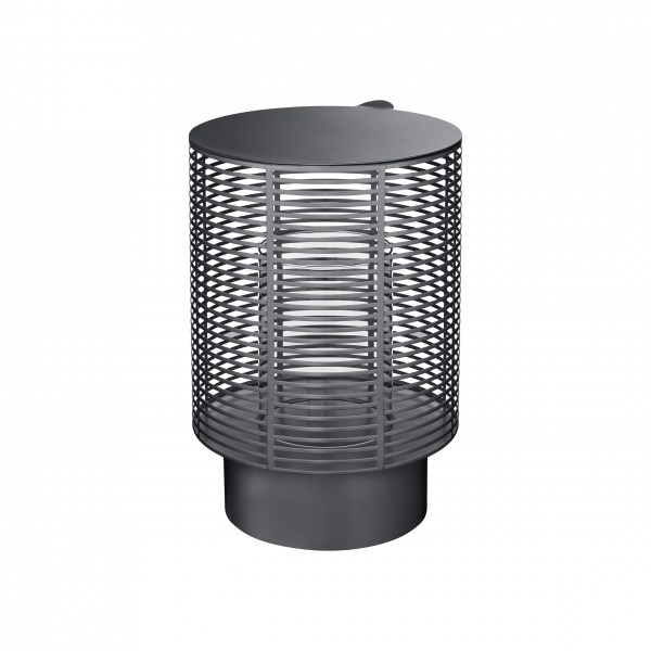 Moderne schwarze Tischlampe mit zylindrischem Design und gestreiftem Netzschirm.