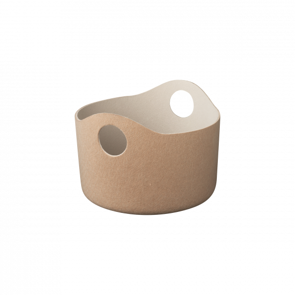 Stylish beige felt storage basket with round cutout handles.