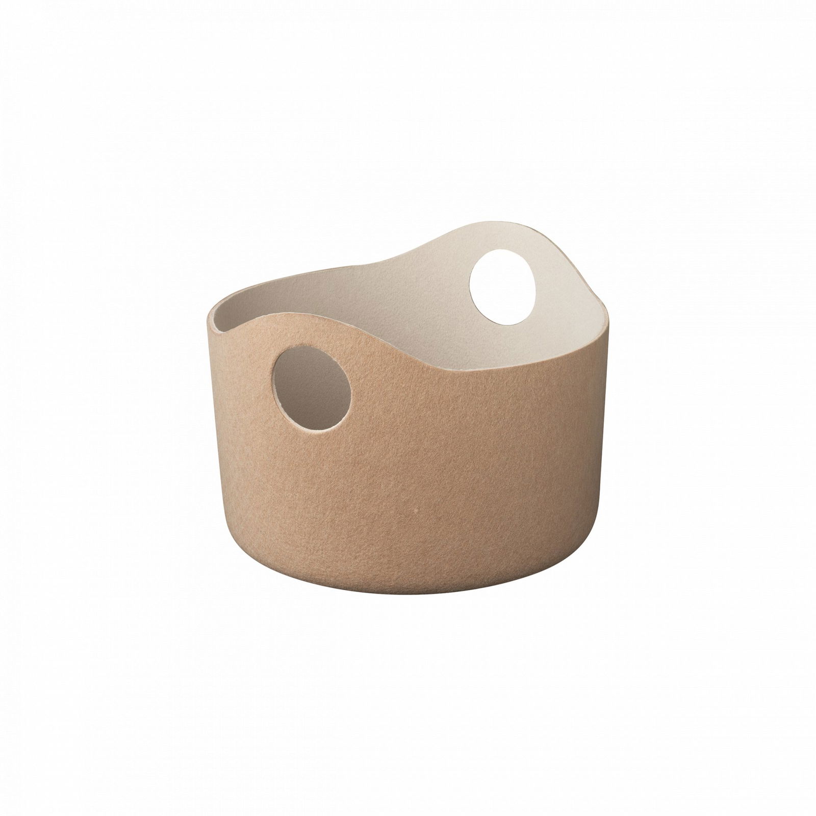 Stylish beige felt storage basket with round cutout handles.