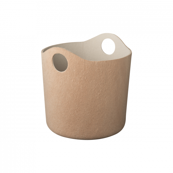Stylish beige storage basket with handles, ideal for home organization and decor.