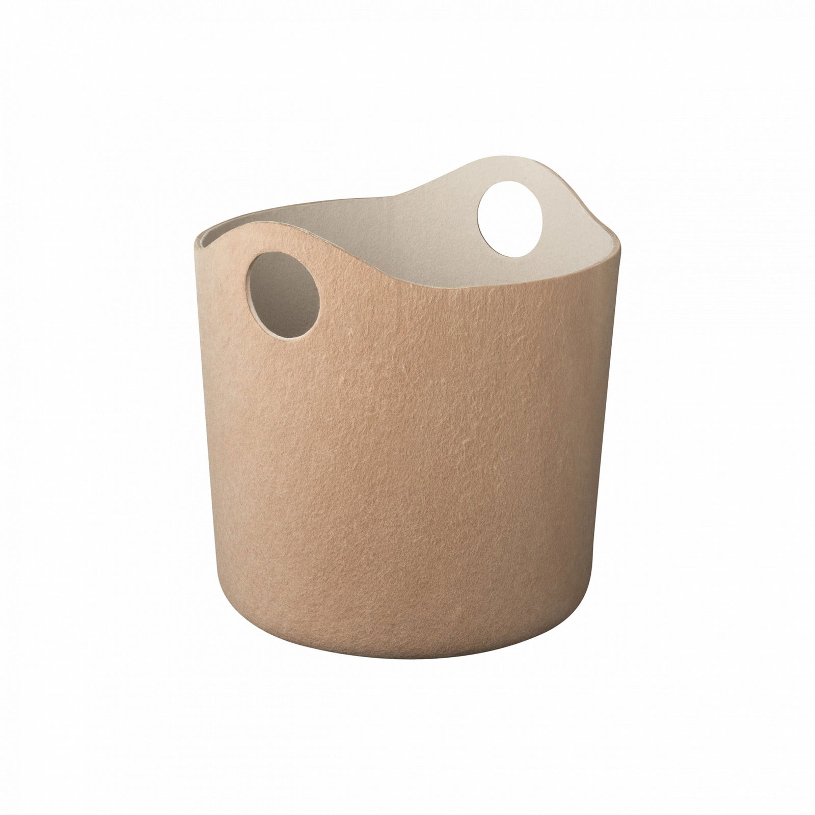 Stylish beige storage basket with handles, ideal for home organization and decor.