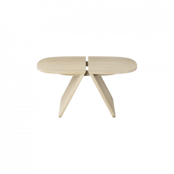 Moderner minimalistischer Holztisch mit geteilter Oberfläche und schrägen Beinen.