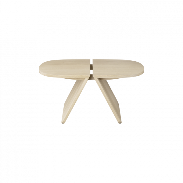 Modern minimalist wooden table with a split top and angled legs.