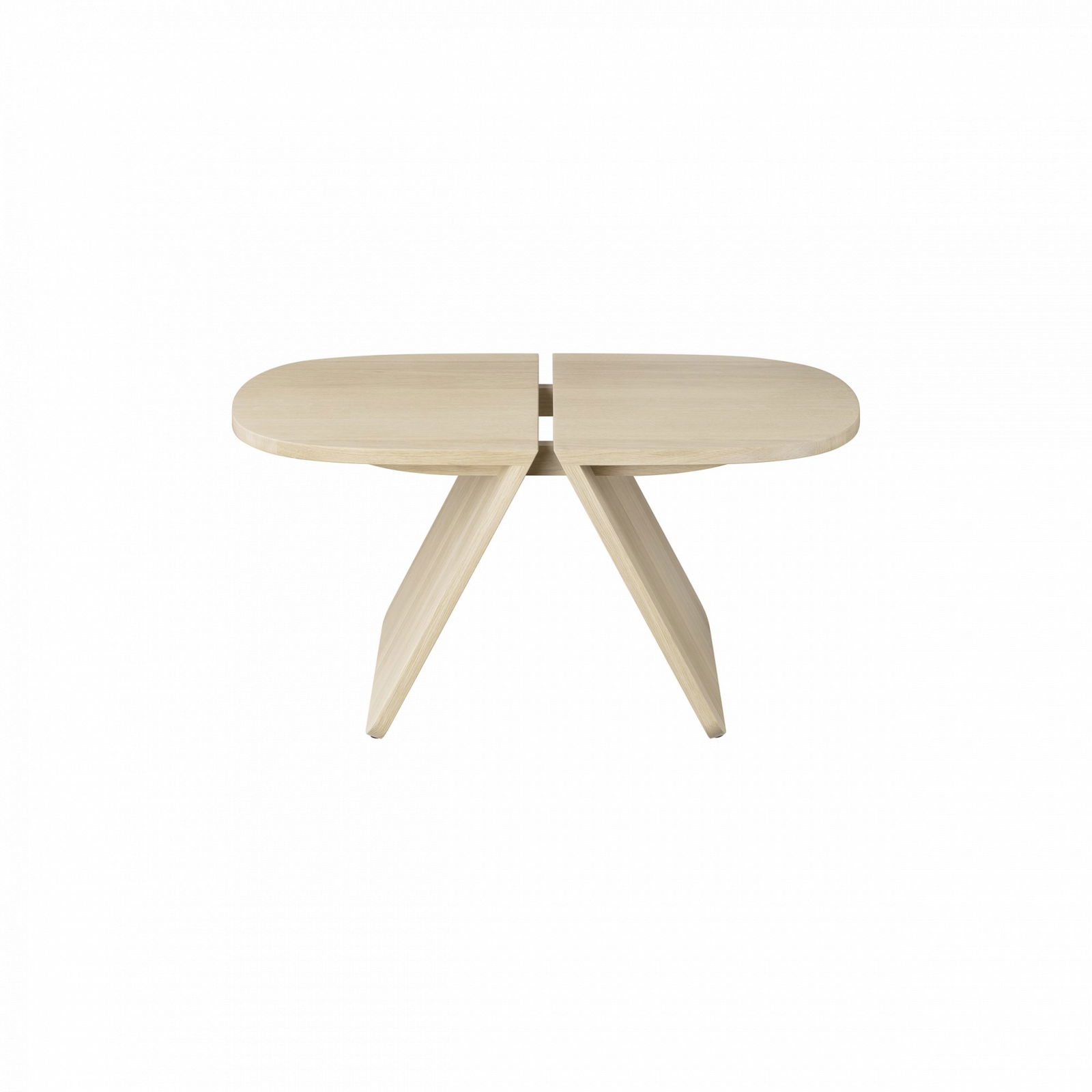 Modern minimalist wooden table with a split top and angled legs.