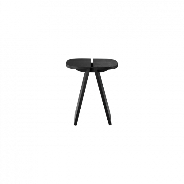 Black wooden stool with a minimalist design and two angled legs on a dark background.