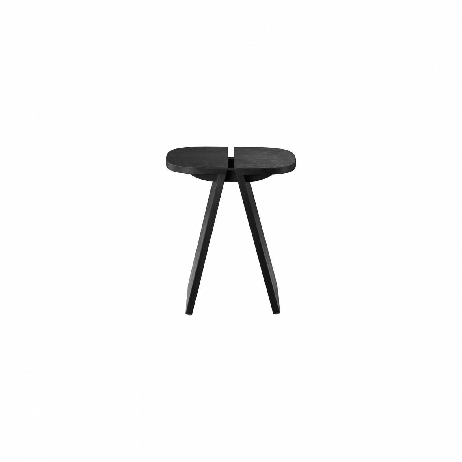 Black wooden stool with a minimalist design and two angled legs on a dark background.