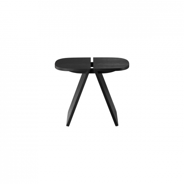 Moderner schwarzer Holztisch mit einzigartigem geteiltem Design und konischen Beinen.