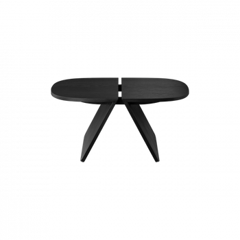 Elegant black wooden coffee table with a unique split design and angled legs.