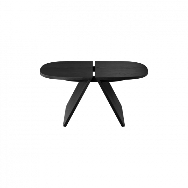 Elegant black wooden coffee table with a unique split design and angled legs.