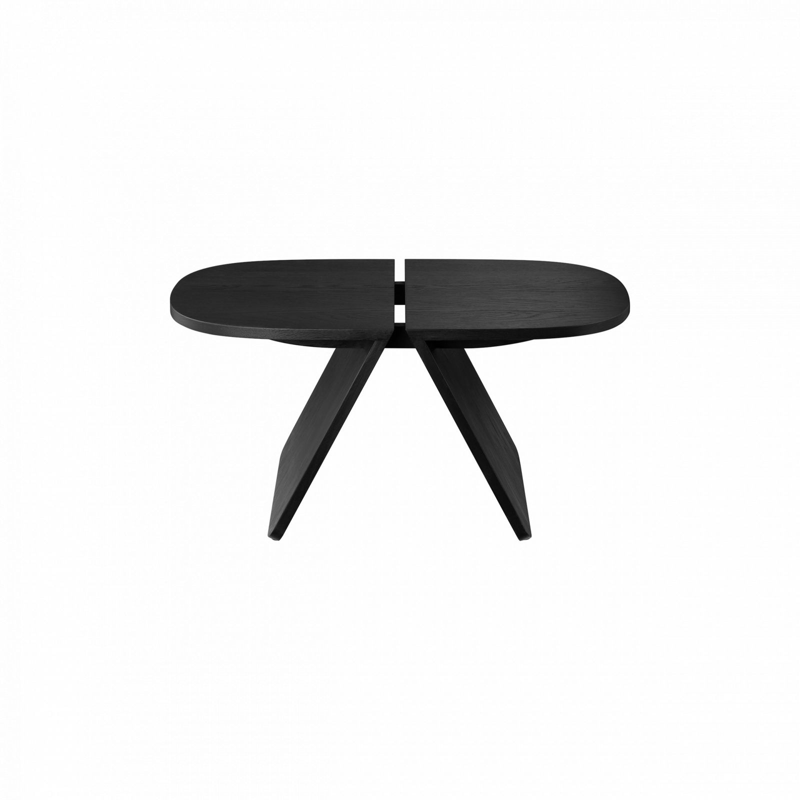 Elegant black wooden coffee table with a unique split design and angled legs.