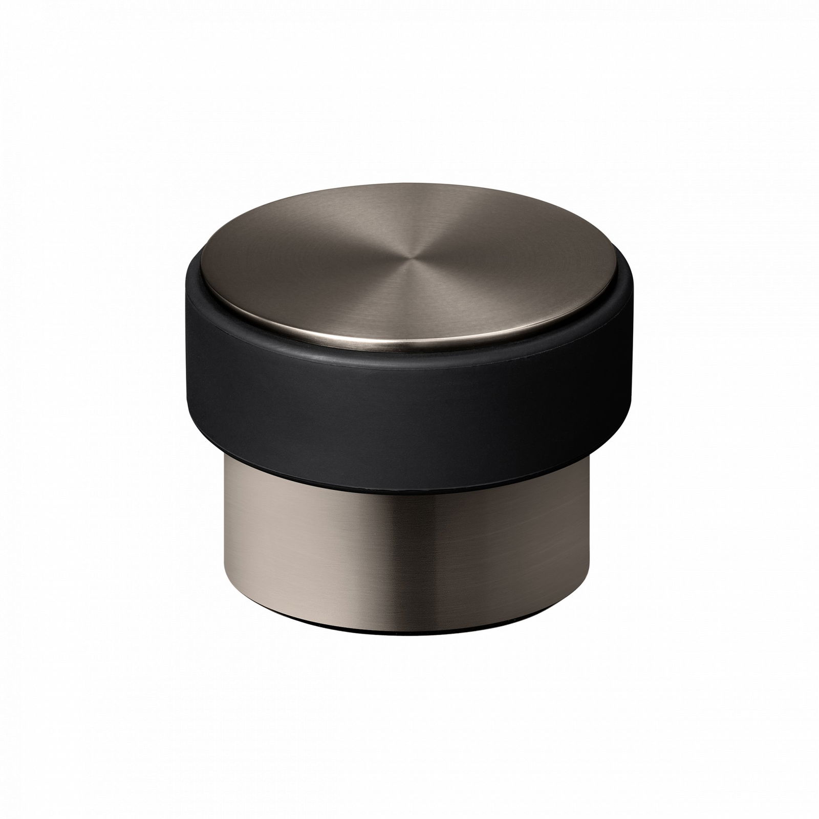Stylish black and metal cabinet knob featuring a smooth, round top.