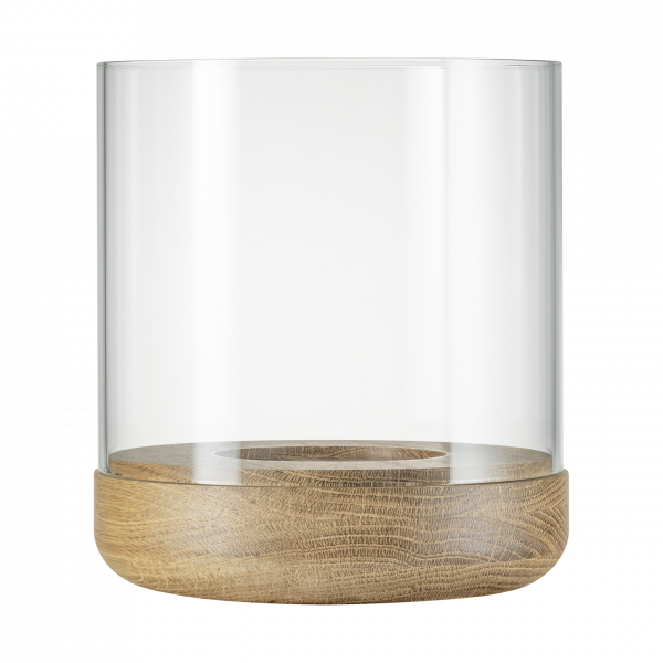 Klarer Glaskerzenhalter mit einem Holzfuß für die Wohnkultur.