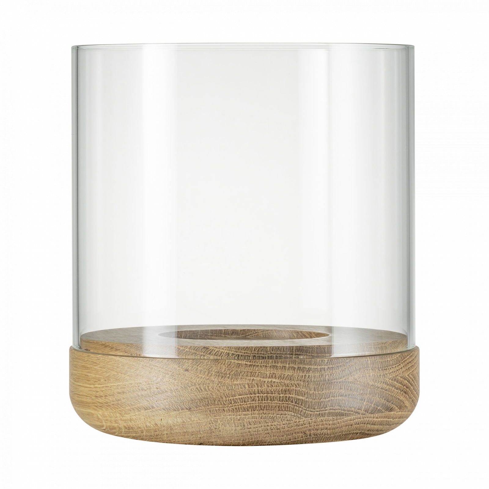 Klarer Glaskerzenhalter mit einem Holzfuß für die Wohnkultur.
