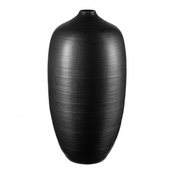 Elegante schwarze Keramikvase mit einem glatten, geschwungenen Design und subtiler Textur.