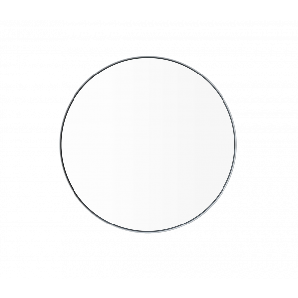 Round mirror with a sleek black frame against a black background.