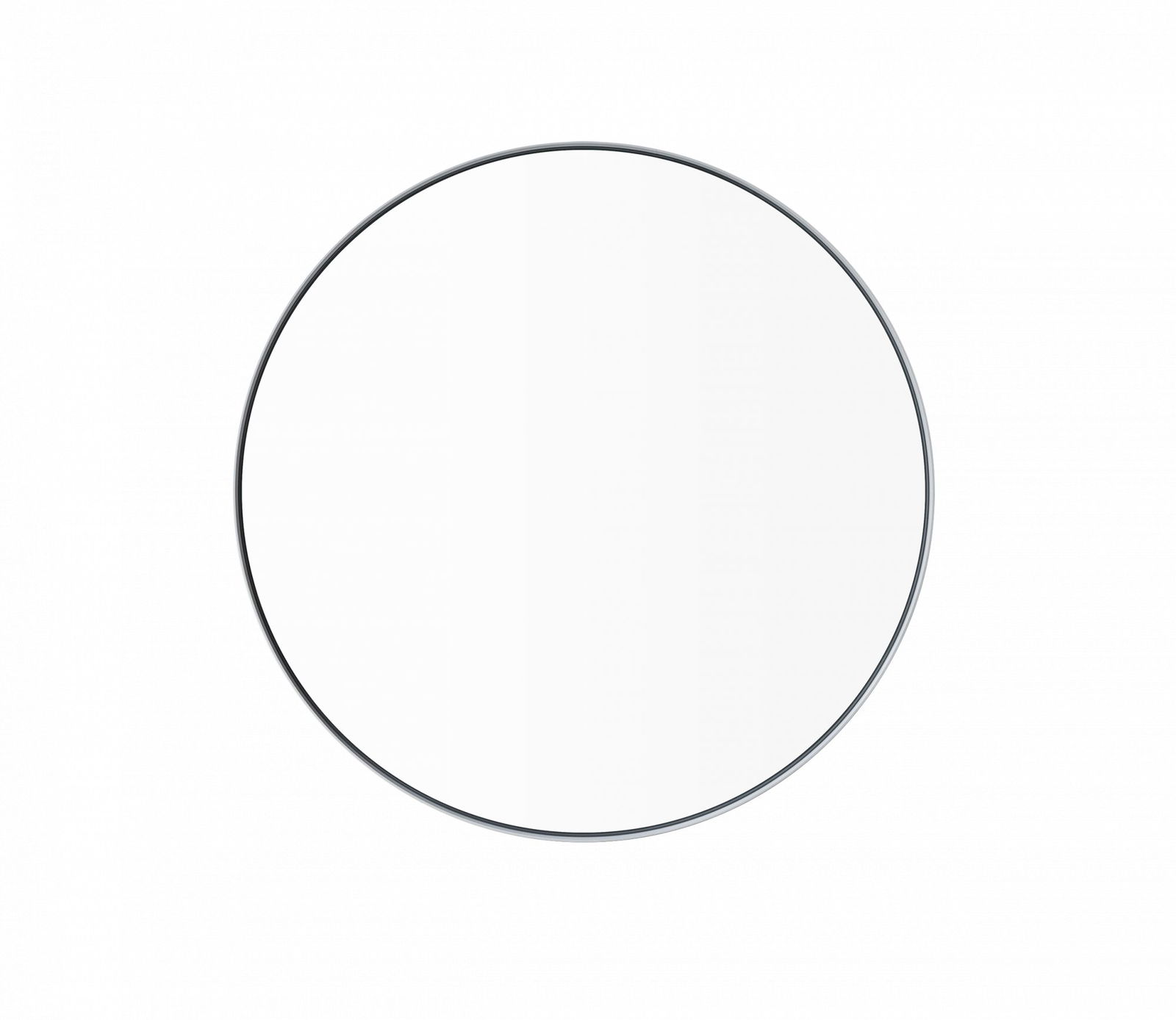 Round mirror with a sleek black frame against a black background.
