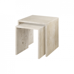 Stylish modern nested tables in light beige stone finish for elegant interior décor.