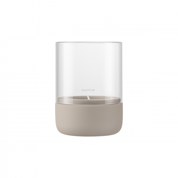 Stylish Blomus candle holder with elegant clear glass and neutral-toned base.