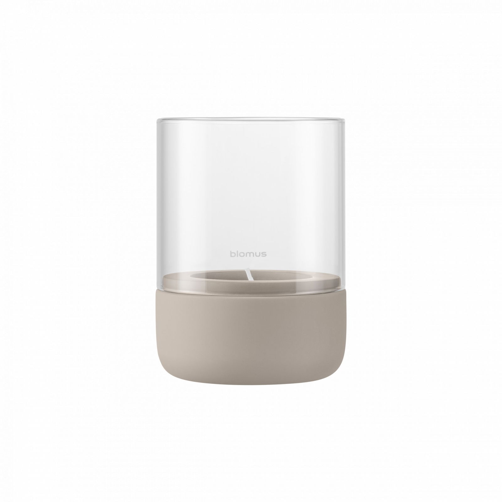Stylish Blomus candle holder with elegant clear glass and neutral-toned base.
