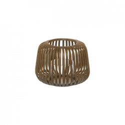 Stylish wooden candle holder with a unique slatted design for modern decor.