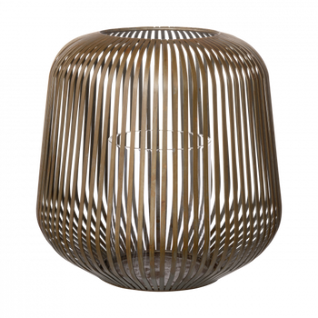 Elegant woven lantern with a glass candle holder, perfect for modern decor.