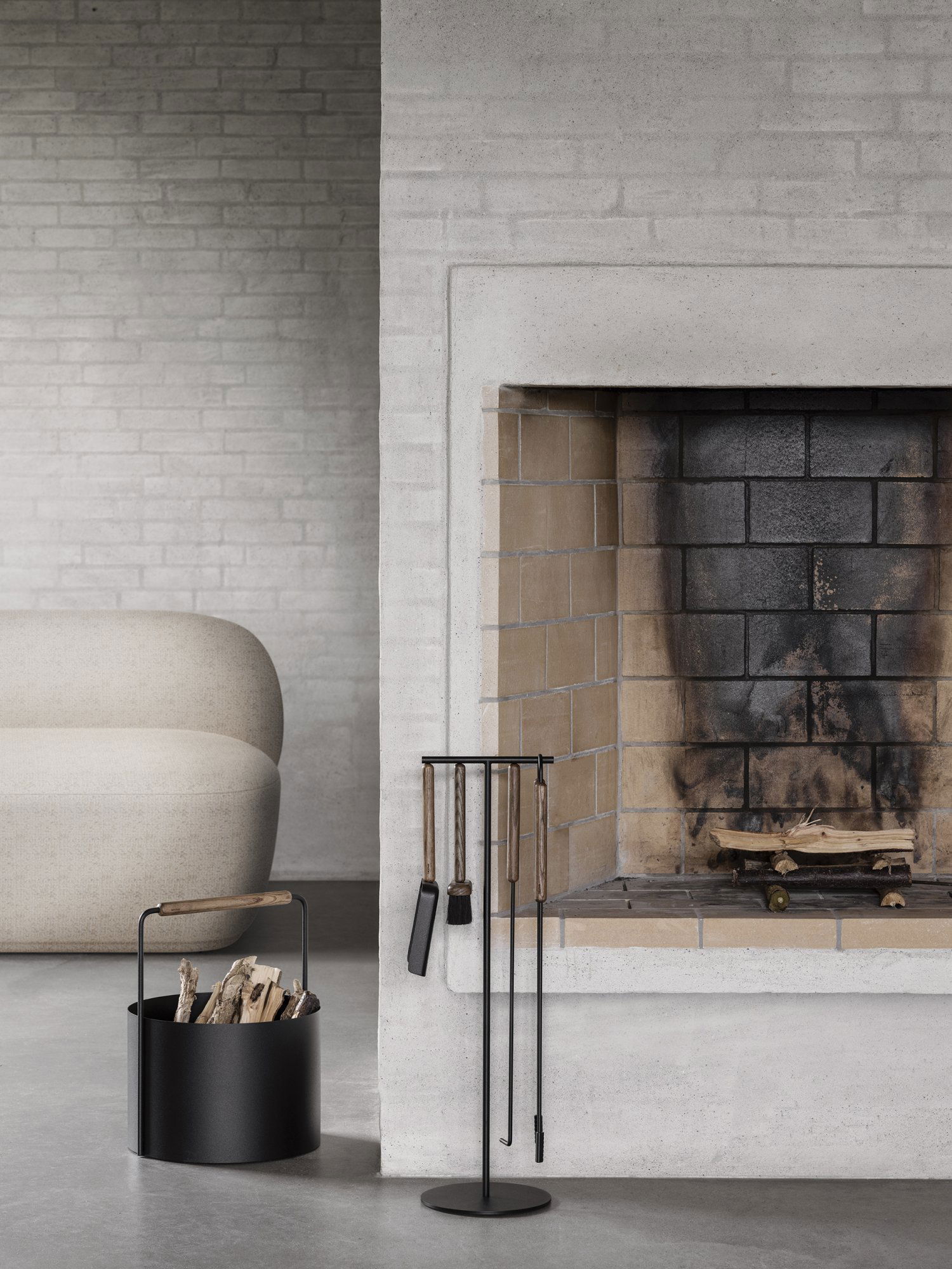 Cozy modern living room with a minimalist fireplace and stylish seating arrangement.