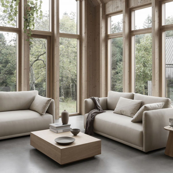 Gemütliches Wohnzimmer mit modernen beigen Sofas und einem Holztisch neben großen Fenstern.