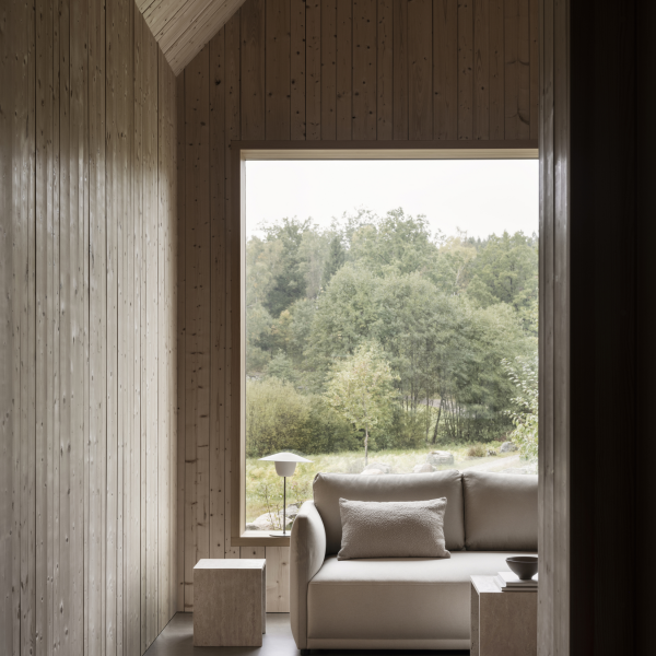 Gemütliches Interieur mit einem minimalistischen Sofa und einem malerischen Blick auf die Natur durch ein großes Fenster.