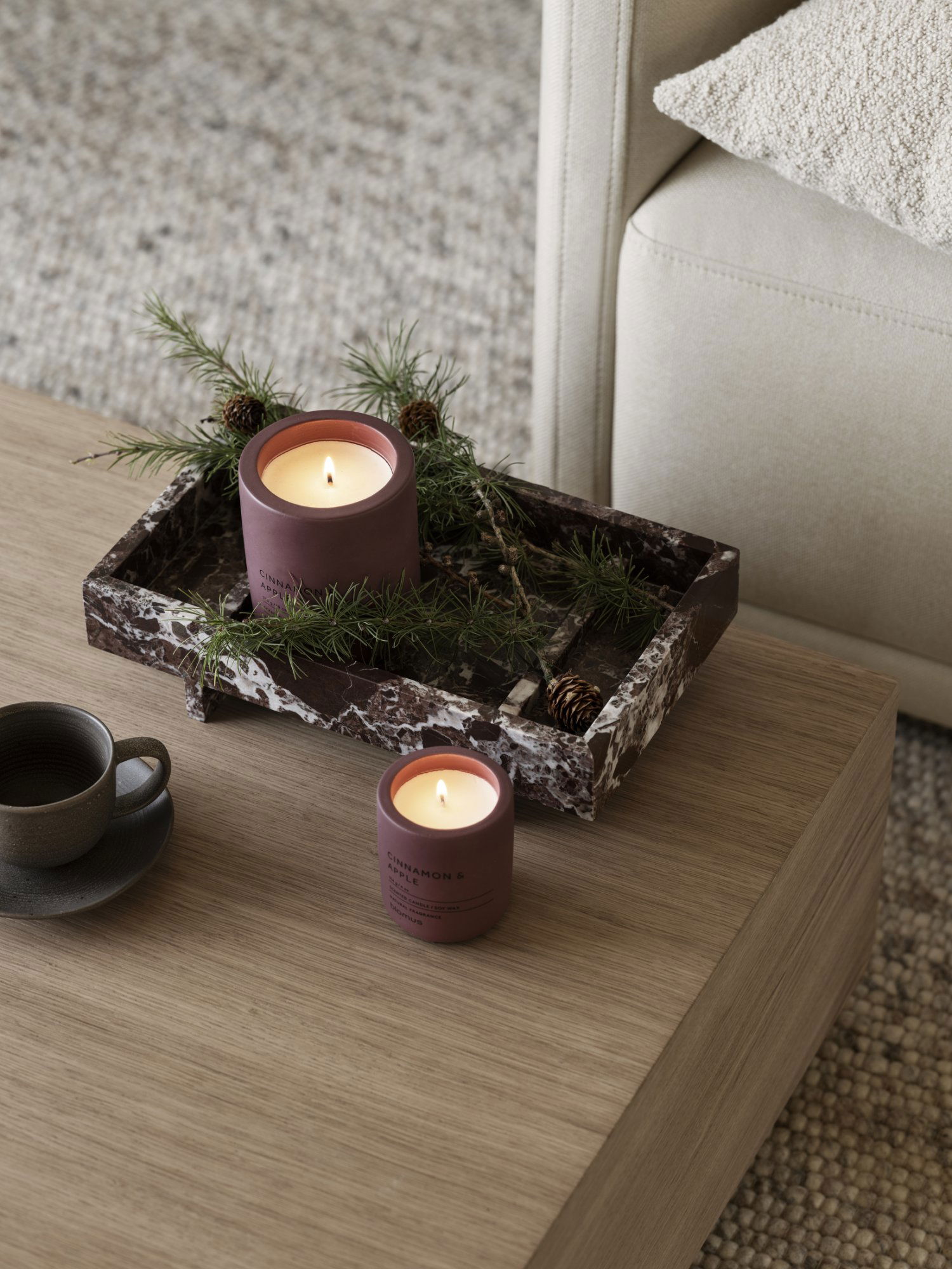 A cozy living room scene featuring scented candles and pine branches on a stylish tray.