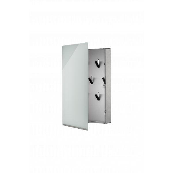 Modern wall-mounted mirror cabinet with hooks for convenient storage and sleek design.
