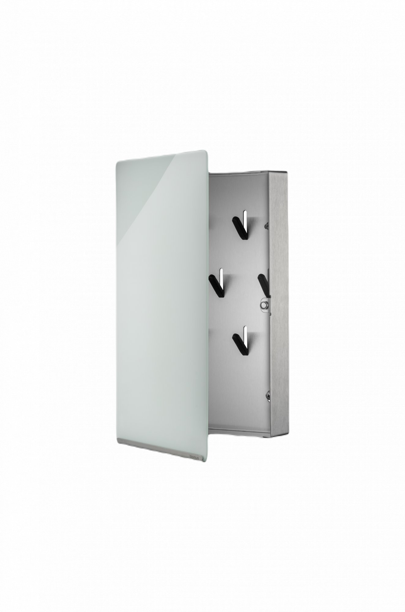 Modern wall-mounted mirror cabinet with hooks for convenient storage and sleek design.
