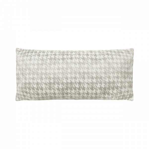 Decorative houndstooth patterned pillow in soft gray and white tones for stylish home decor.
