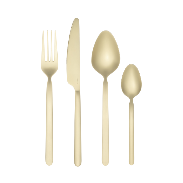 Elegant gold cutlery set including fork, knife, spoon, and teaspoon on a black background.
