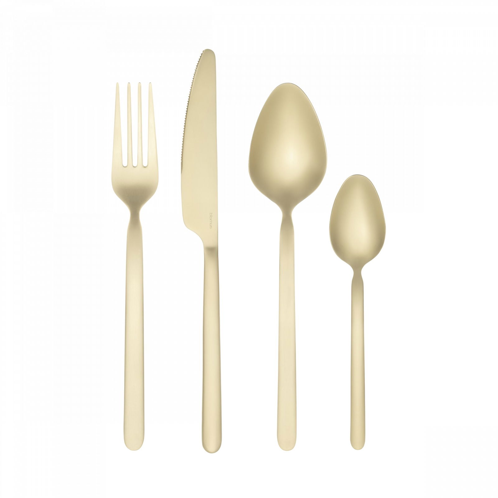 Elegant gold cutlery set including fork, knife, spoon, and teaspoon on a black background.