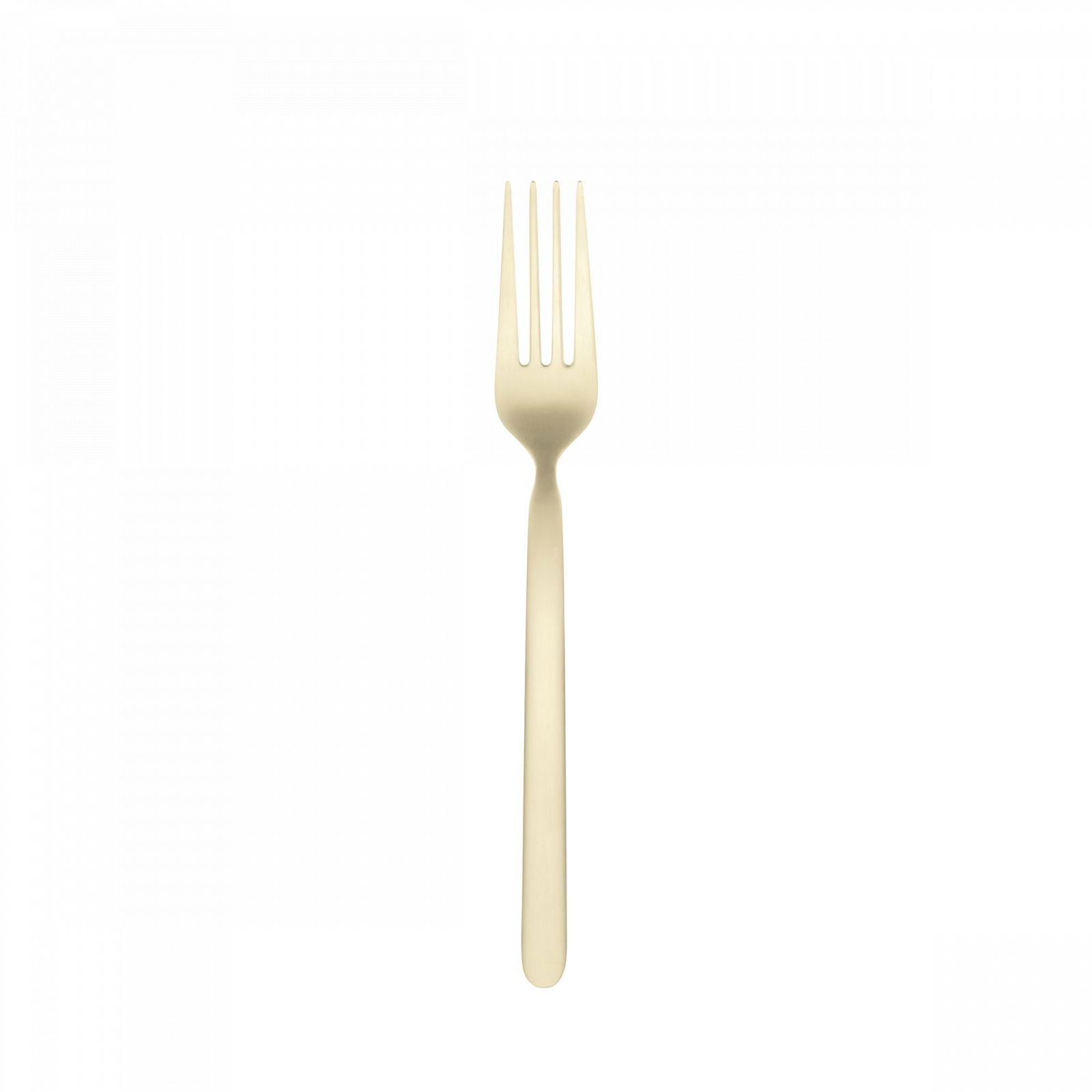 A simple beige plastic fork on a white background for dining or catering use.