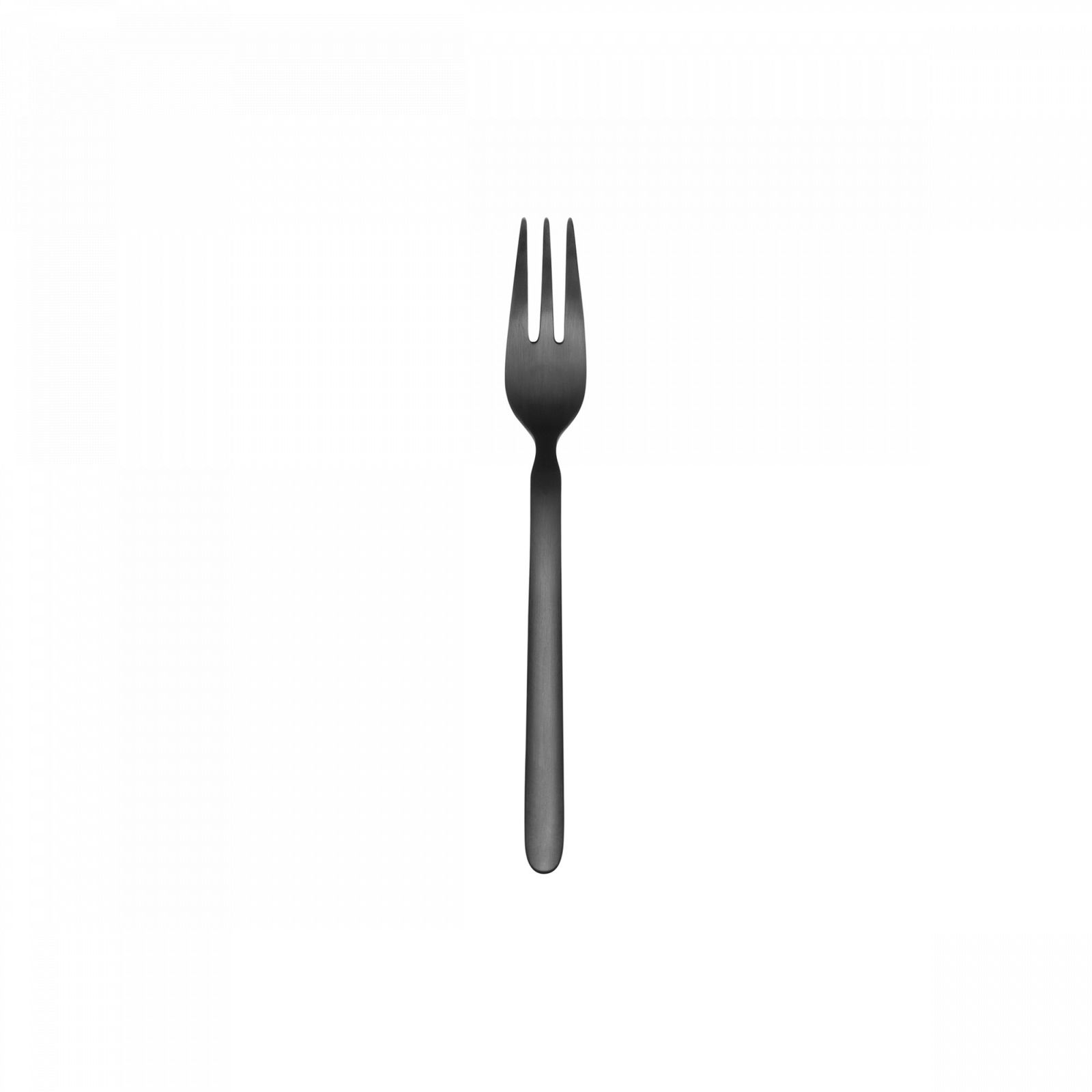 Black fork with a sleek design on a white background.
