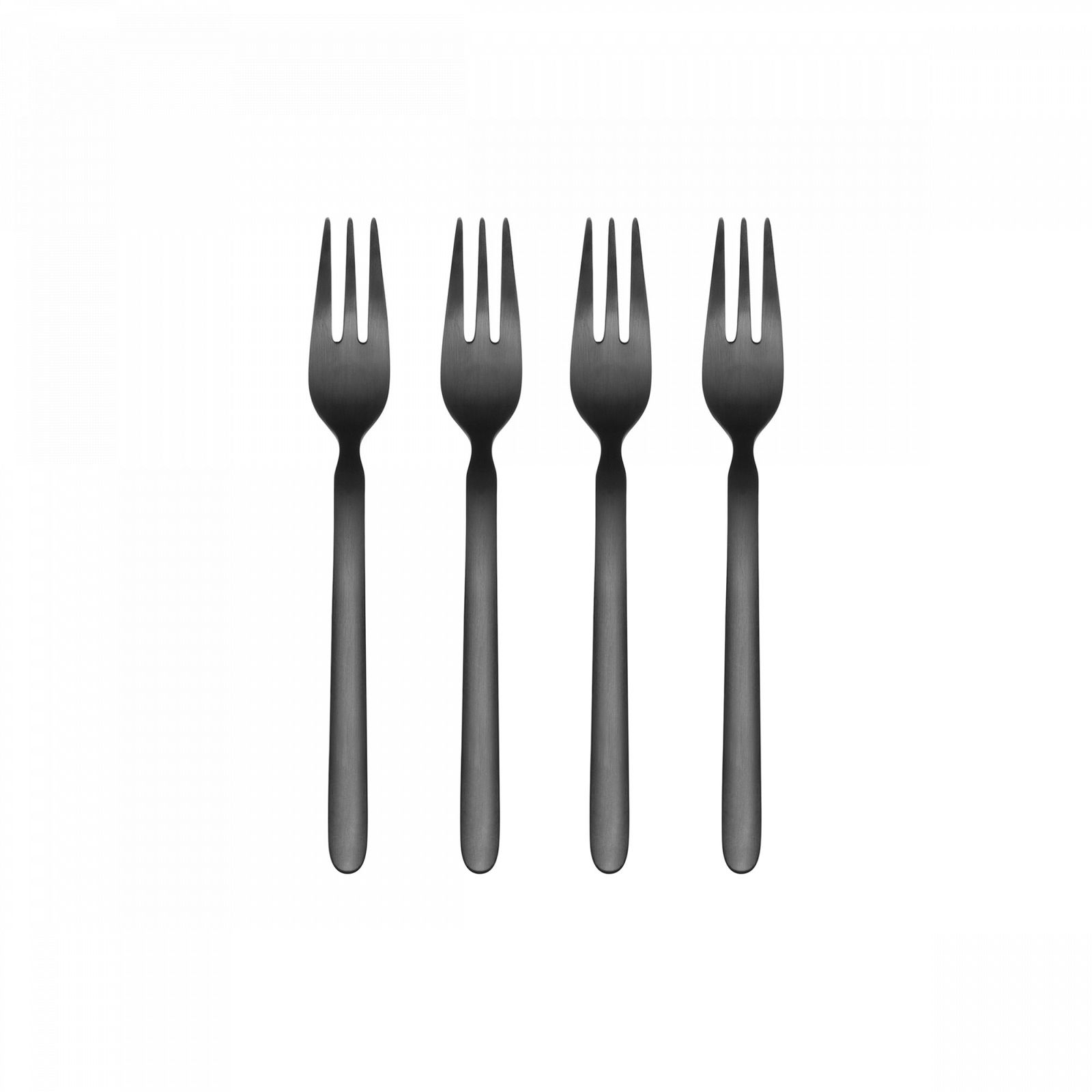 Set of four stylish black forks arranged neatly on a white background.
