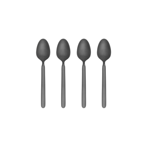 Four sleek black spoons arranged in a row on a white background.