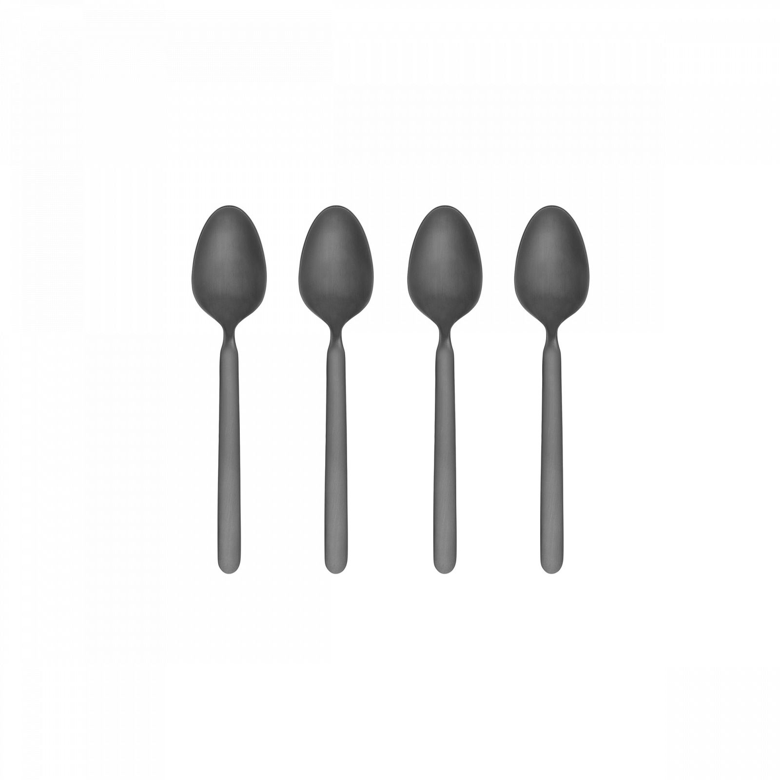 Four sleek black spoons arranged in a row on a white background.