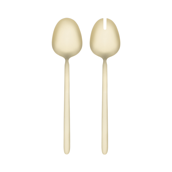 Two elegant beige serving spoons on a plain background for versatile dining use.