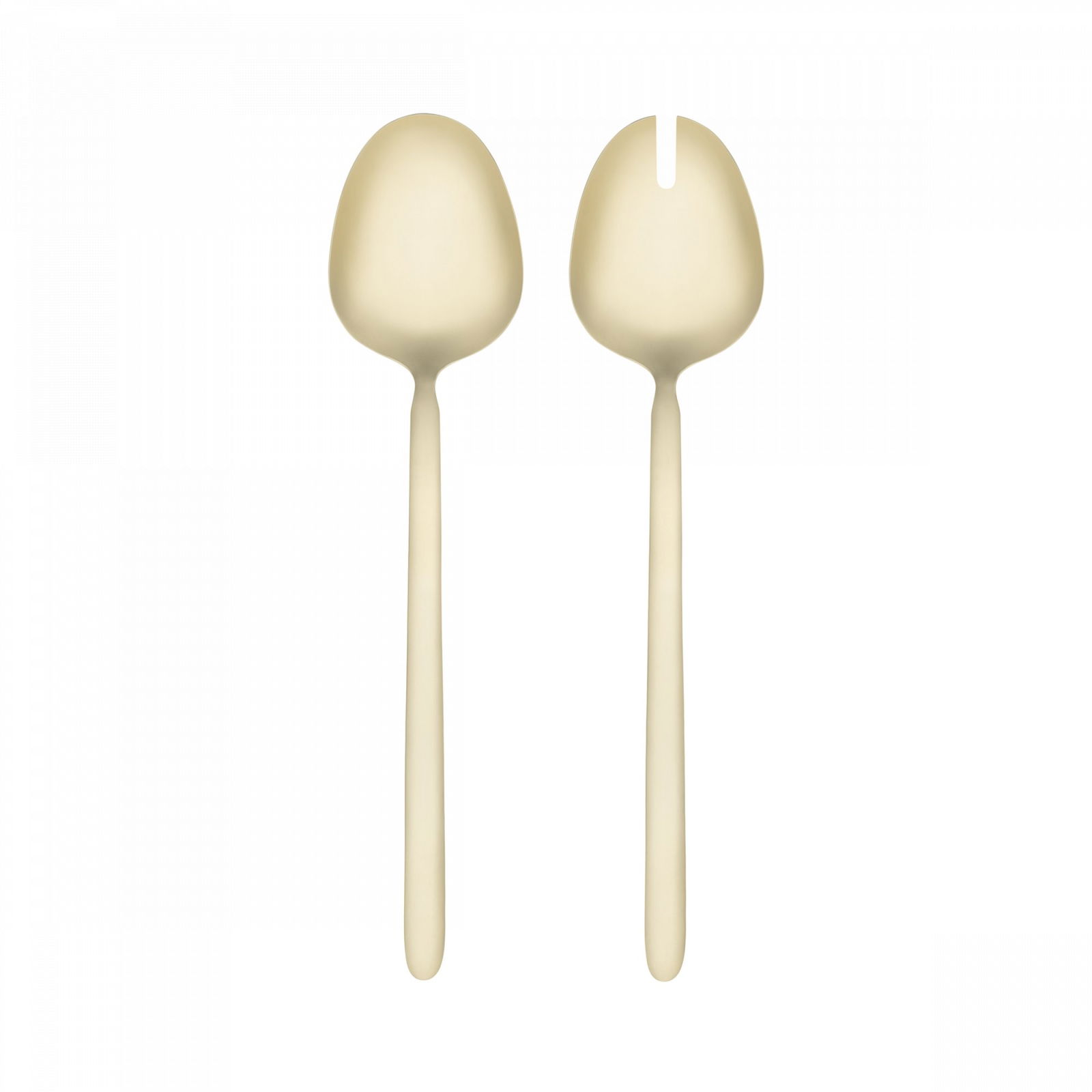 Two elegant beige serving spoons on a plain background for versatile dining use.