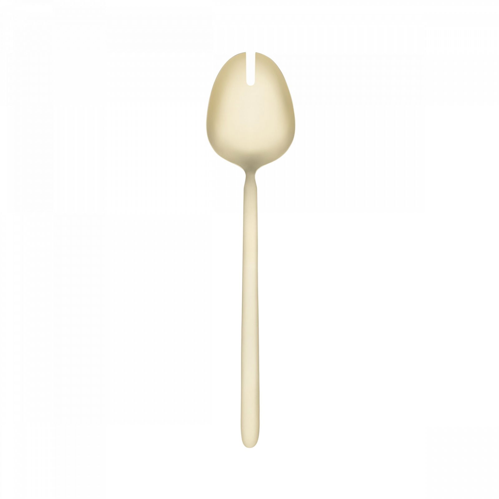 Light-colored serving spoon with a long handle and a slotted design.