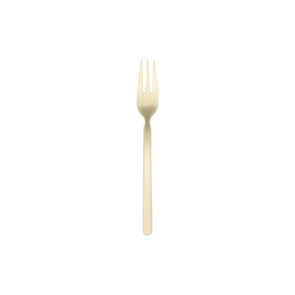 Gold-colored fork on a plain background, perfect for elegant dining settings.