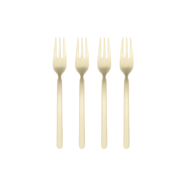 Four elegant disposable forks arranged in a row on a black background.